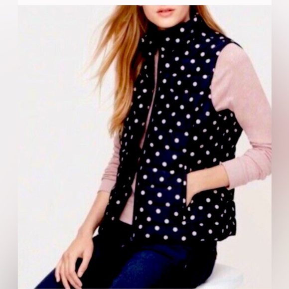 Talbots Polka Dot Puffer Vest Size LP Black White Zipper Front Lightweight Layer - Picture 1 of 7